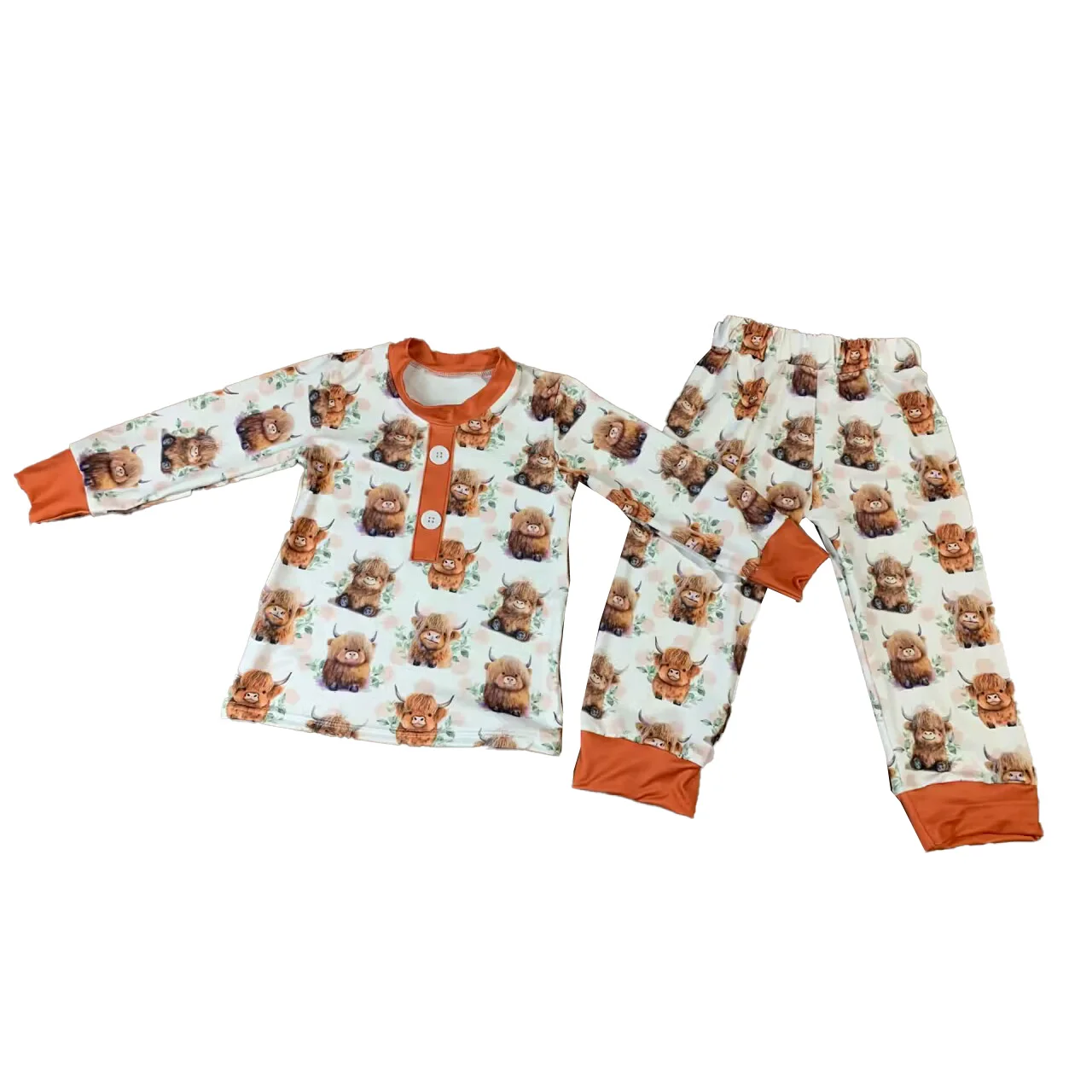 

New Arrival Children Round Neck T-shirts Set Kids Night Wear Highland Cow Boys Pajamas Set