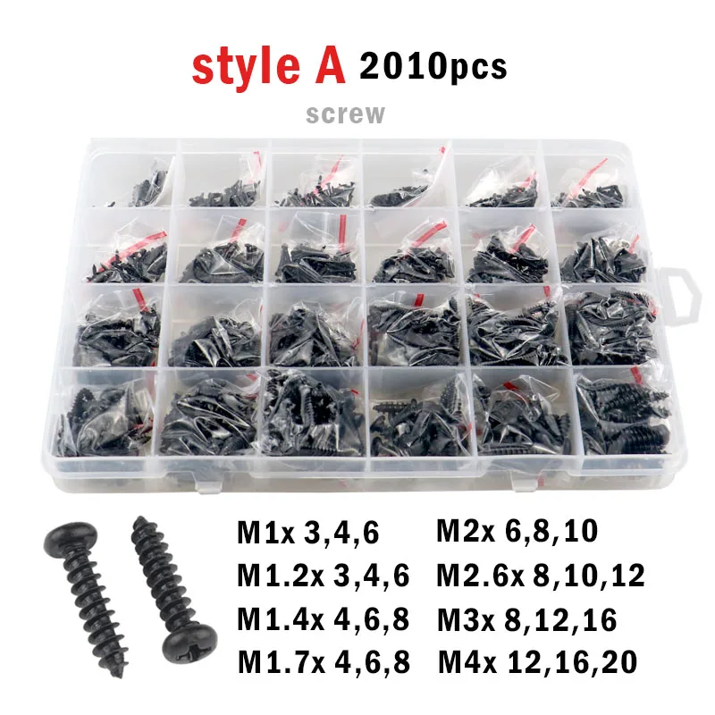 450-2010pcs M1 M1.2 M1.4 M2 M3 M4 Black Cross Phillips Pan Round Head Screwd Carbon Steel Self-tapping Wood Screw Set Box Kit