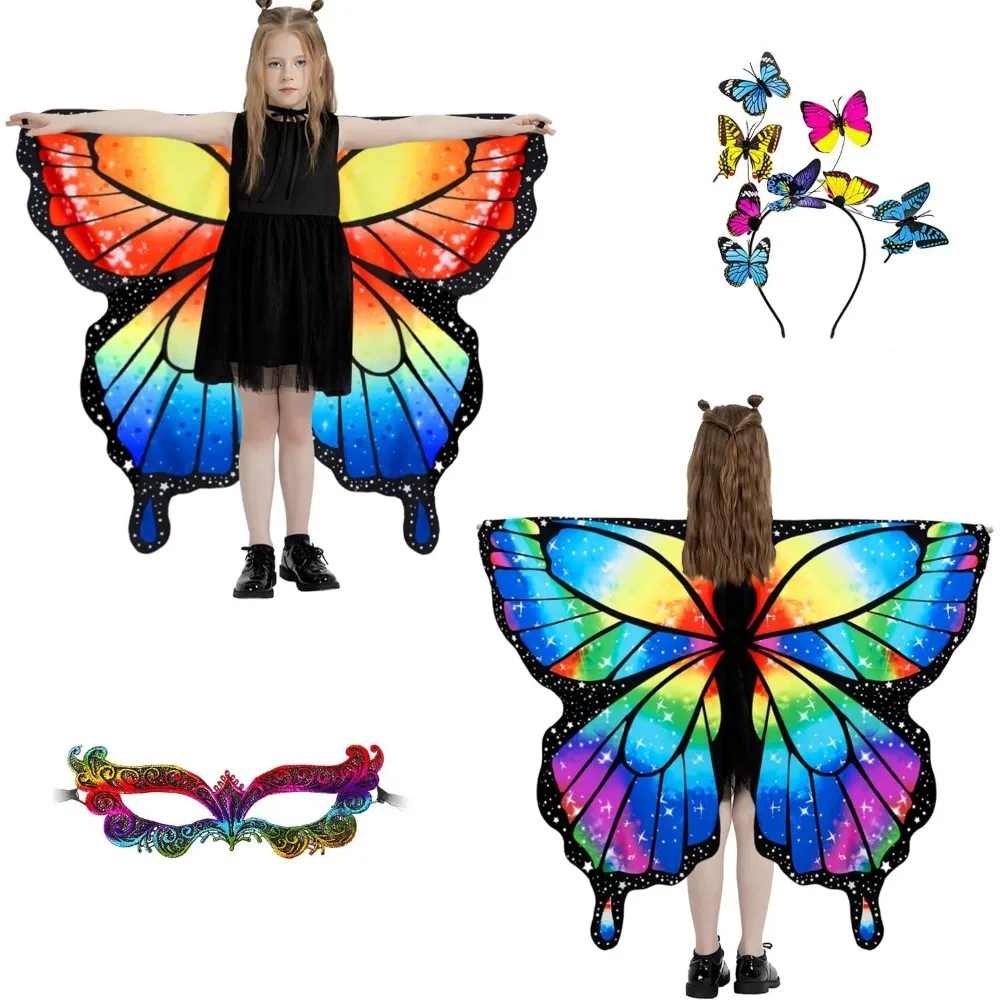 Fantasias de Halloween, asas de borboleta dupla face, asas de fada para meninas, conjunto de fantasias de borboleta de 3 peças.