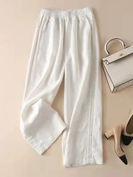 ZOKI Summer Linen Pants Elastic High Waist Korean Style Solid Color Casual Pocket Straight Trousers White Thin Female Pants