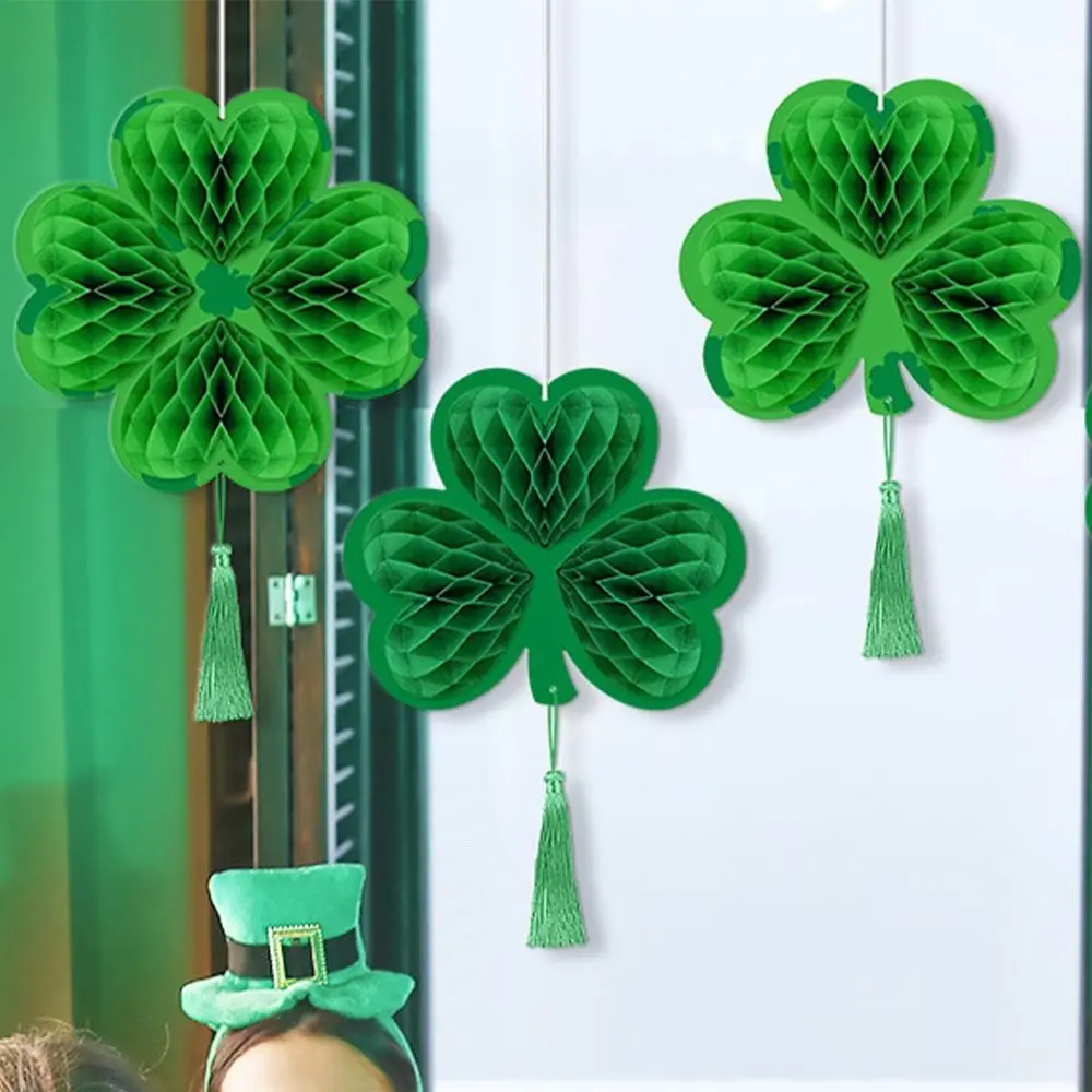 4pcs Four Leaf St. Patrick's Day Clover Pendant Paper 3D Irish Honeycomb Hanging Ornament Festive Handmade