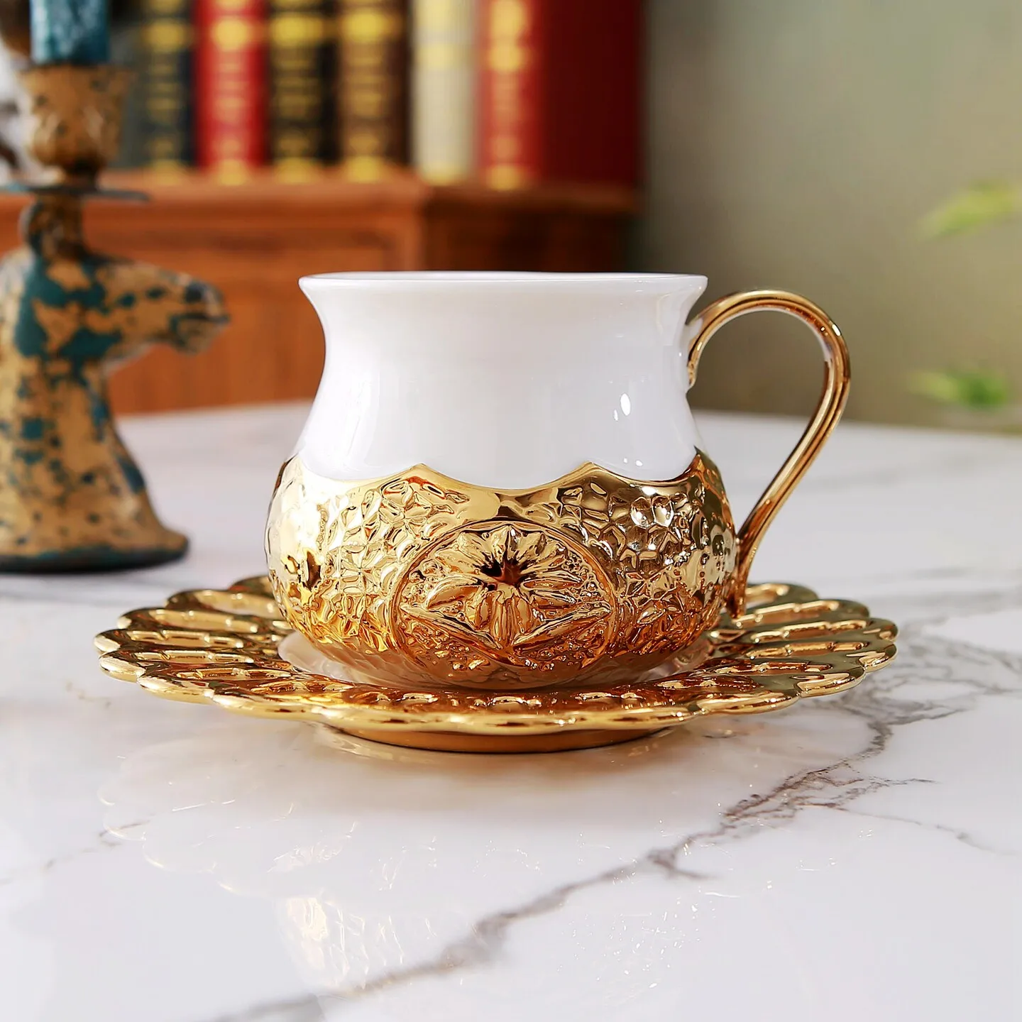 European court style relief texture craftsmanship, ceramic gold coffee cup, wide mouthed with plate, exquisite cup