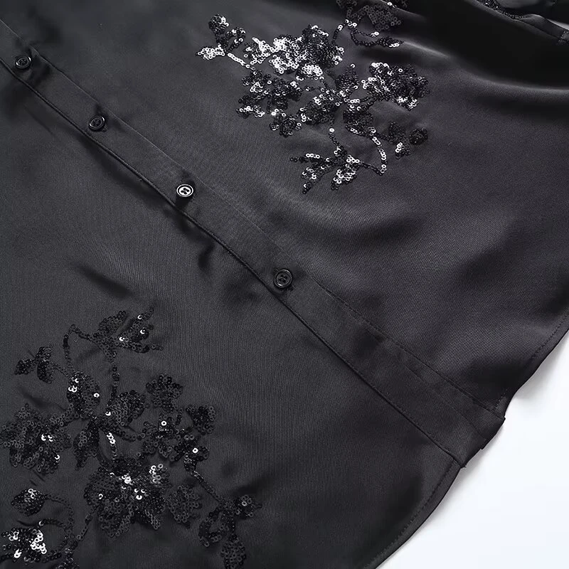 KEYANKETIAN 2025 Spring New Women's Sequined Decoration Shirt Leisure style Single Breasted Long Sleeve Black Satin Blouses Top