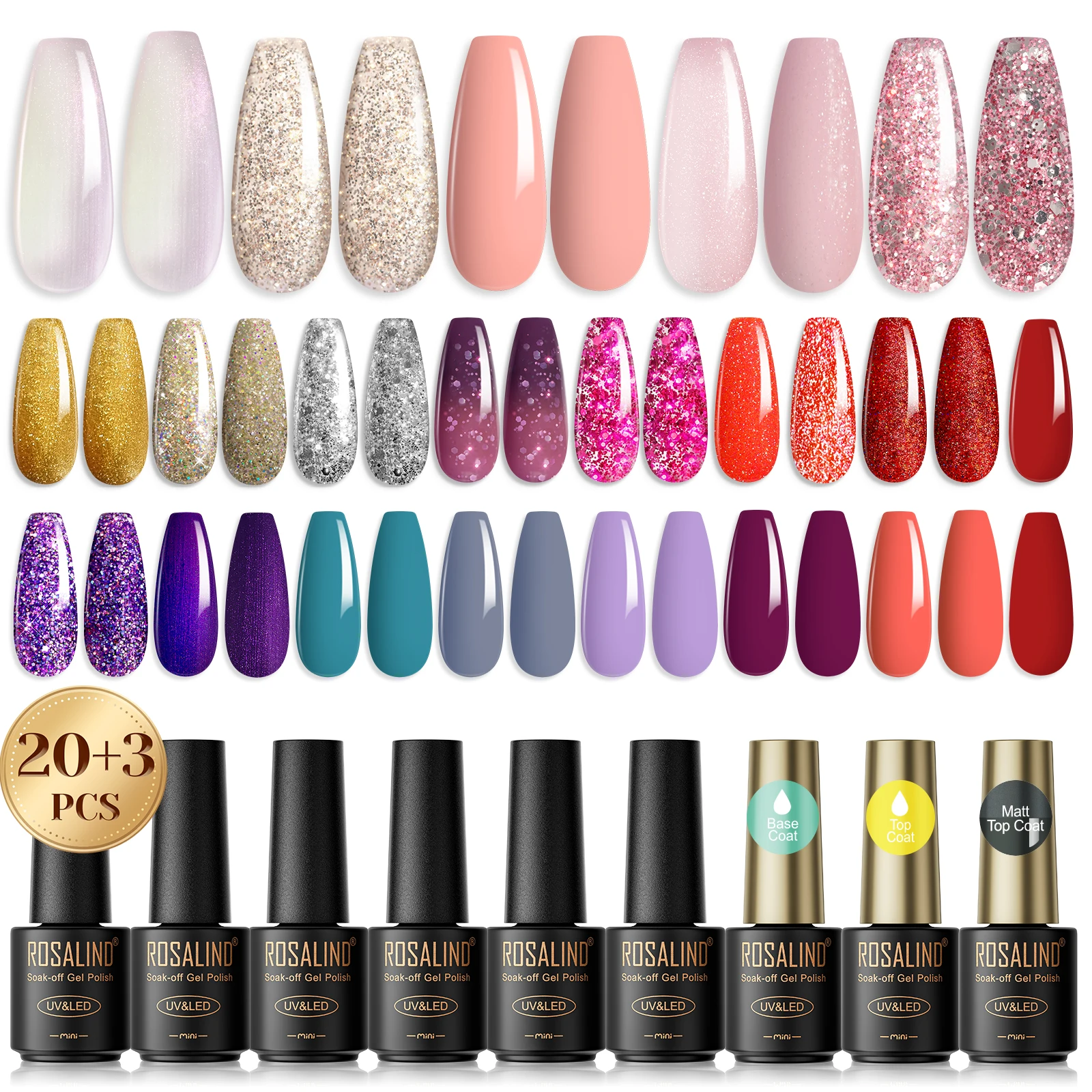 

ROSALIND 23pcs Gel Nail Polish Kit Soak Off Nail Polishes Set Hybrid Semi Permanent Gel Varnishes Glass Bottle Gift Box