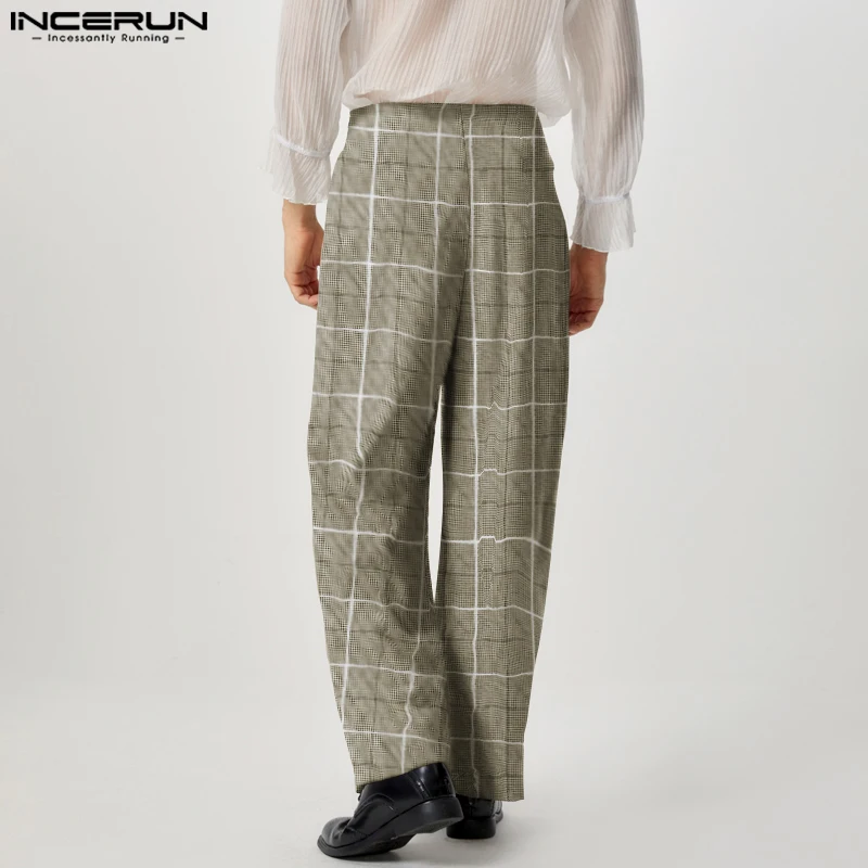 INCERUN, pantalón largo elegante 2024, pantalones con hebilla de Metal de diseño trenzado para hombre, pantalones informales bien ajustados con patrón de rejilla para hombre, pantalones S-5XL