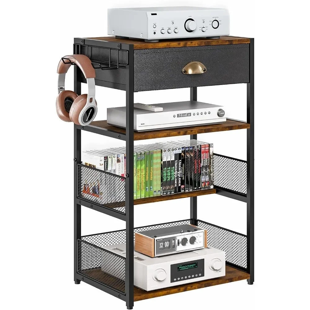 4-Tier AV Media Stand with Drawer, Video Game Console Shelf with 2 Hooks, Audio Rack Tower Perfect for/Xbox/ PS5/Switch/Game