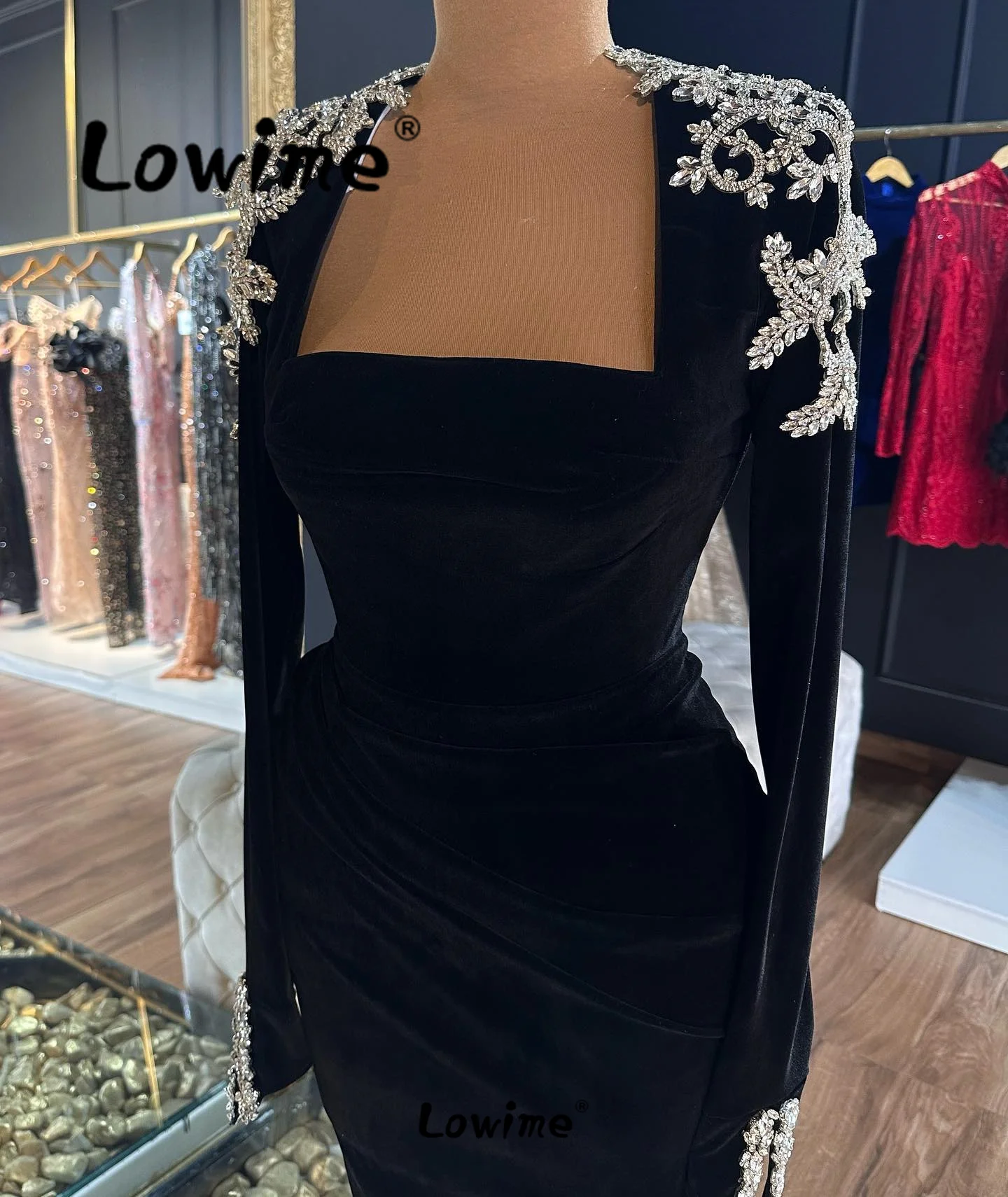 ﻿ Black Velvet Long Sleeves Evening Dress Ankle Length Square Neck Crystals Formal Party Dress For Women Abendkleider Prom Gowns