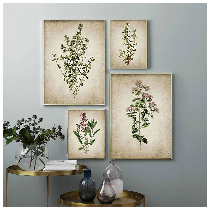 Vintage Herb Art Canvas Poster And Prints , Oregano Rosemary Sage Thyme Canvas Painting Retro Wall Pictures Home Art Wall Decor