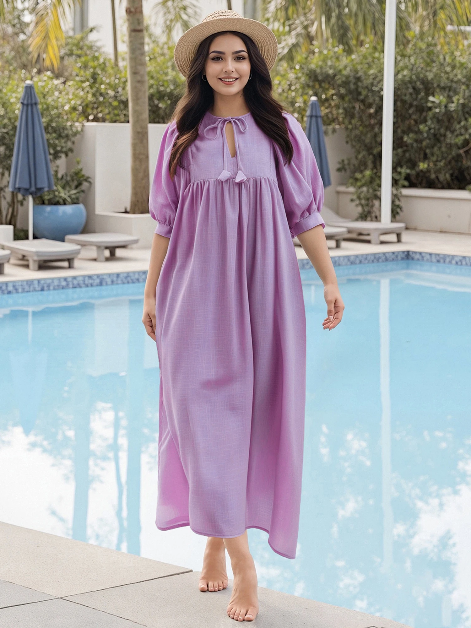 Women s Summer Loose Dress Solid Color 3 4 Sleeves Round-Neck Tie Front Long Dress
