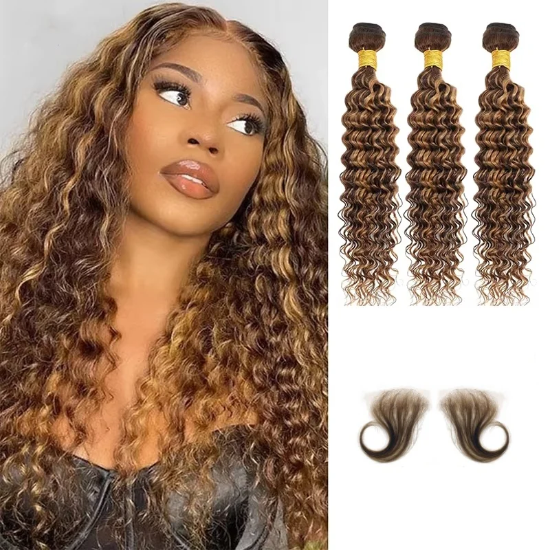 P4/27 Highlight Water Wave Bundles With Frontal 20 Inch Transparent Lace Closure With Bundles Brazilian Curly Human Hair Bundles