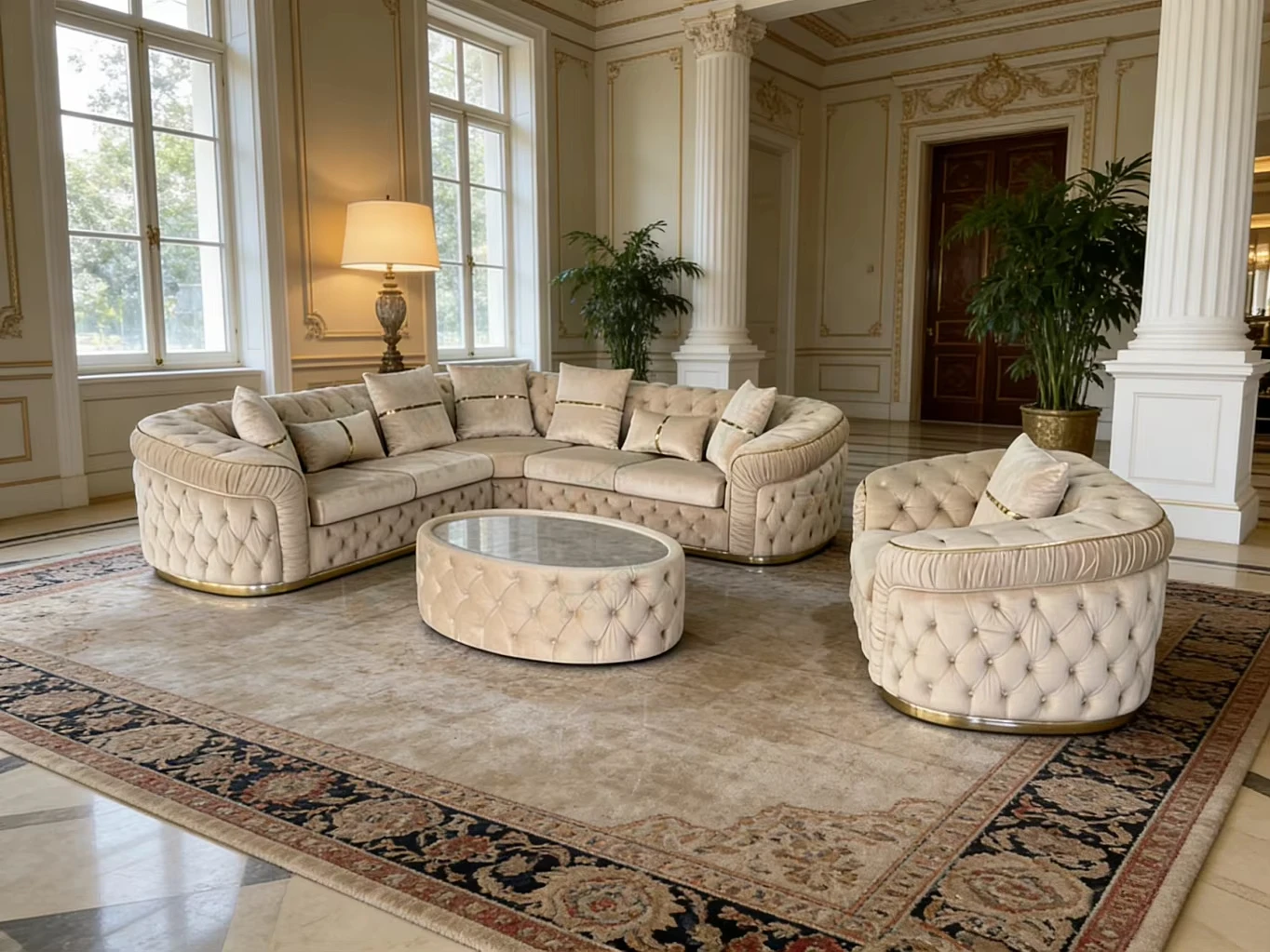 

# Luxury Design Home Furniture Set Upholstery Fabric L Shape Living Room Sofa with Marble Top Ottoman