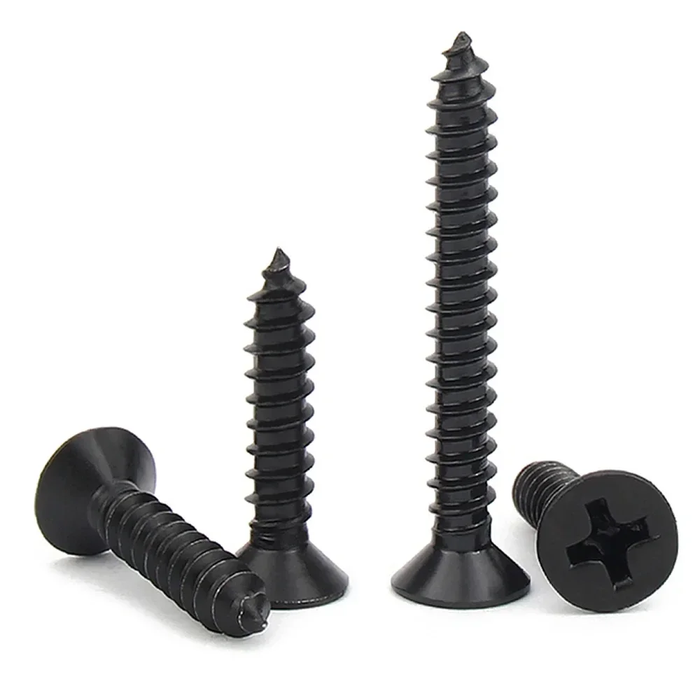 100Pcs M1 M1.2 M1.4 M1.5 M2 M2.6 M3 M3.5 M4 M5 Cross Countersunk Flat Head Self-tapping Screw Black Phillips Carbon Steel