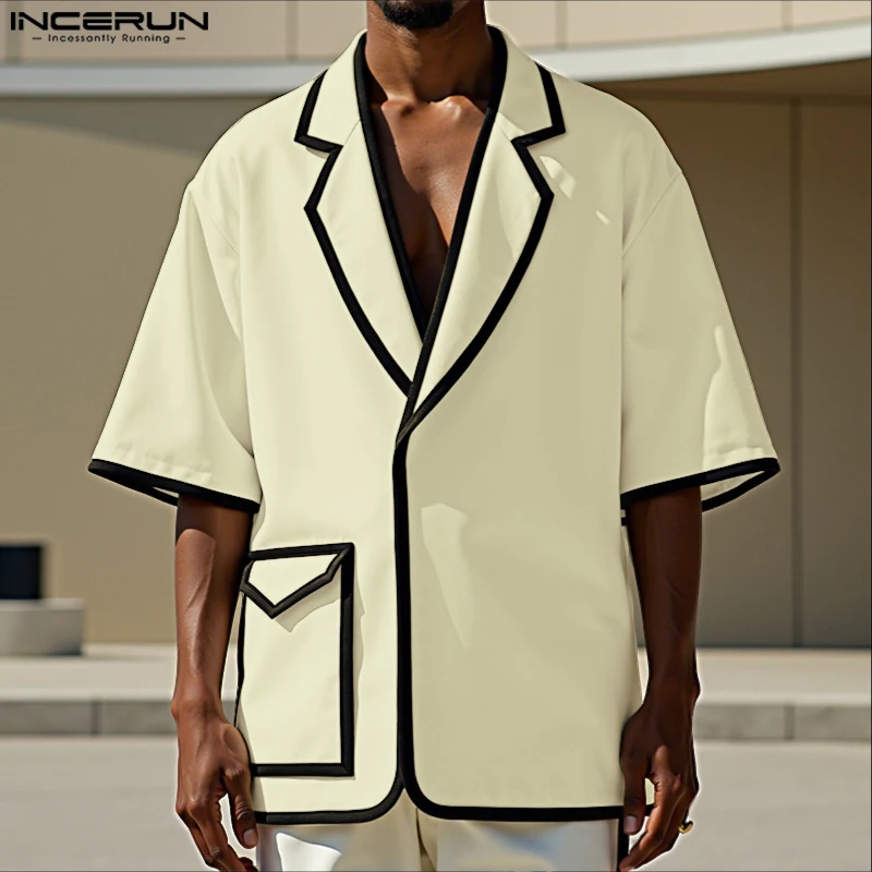 

Fashion Patchwork Men Shirt Turn Down Collar Tops INCERUN Casual Male Shirt Thin Men's Clothing Streetwear Tee Oversize S-5XL