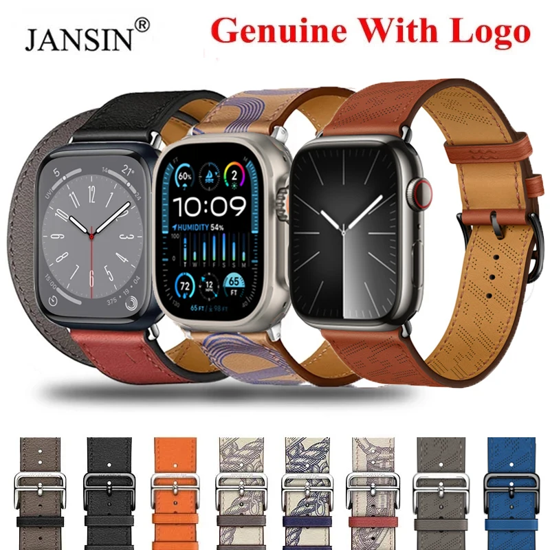 Pulseira de couro genuíno com logotipo para apple watch série 10 9 8 7 6 46mm 45 44 40 38 42mm pulseira de couro para iwatch ultra 2 49mm