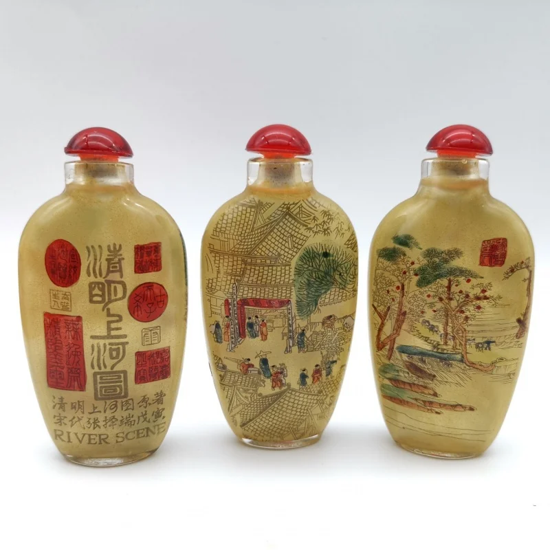 Antique Snuff Bottle Glass Handmade Interior Painting Painted Six-Piece Set Painted Qingming River Map Antique Collection