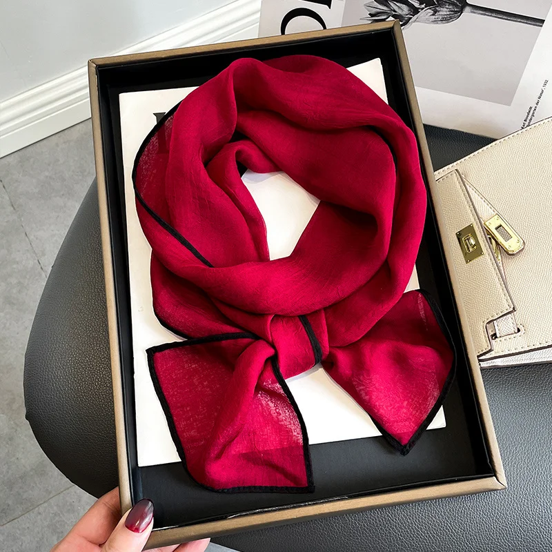 2024 Red Silk Skinny Ribbon Scarf Women Luxury Hair Hand Bag Wrist Foulard Neck Tie Female Headband Bandana 150*17cm Scarves