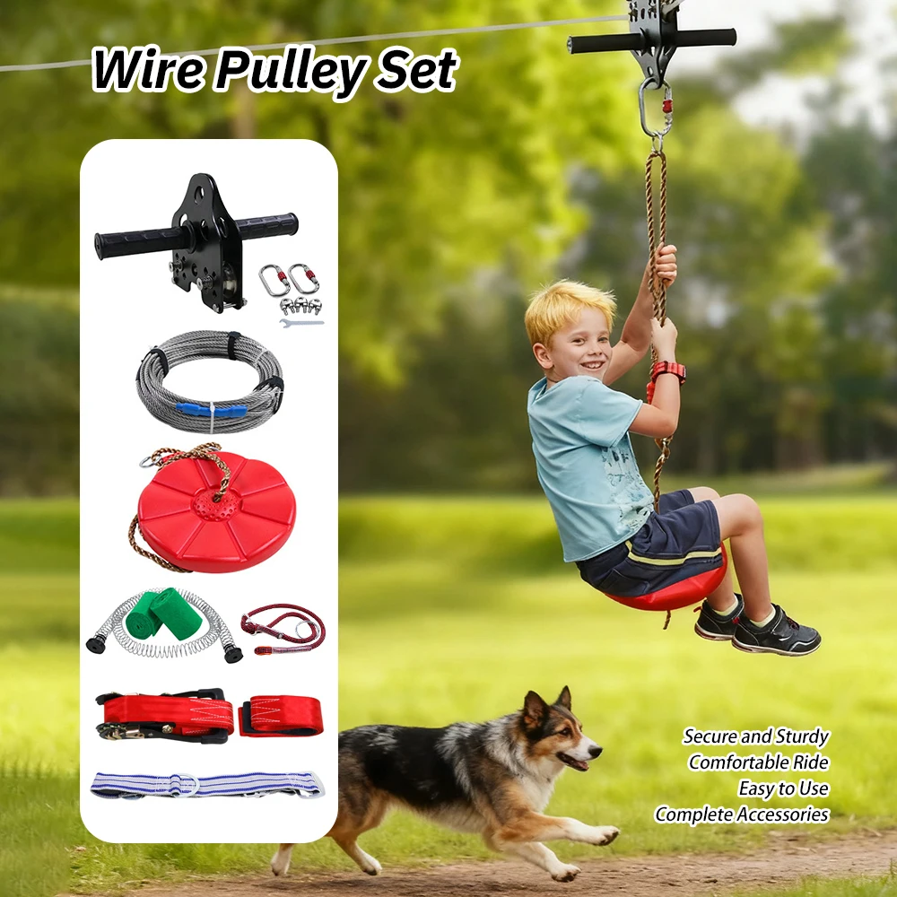 

Kids Zip Line Kit Outdoor Zip Line Outdoor Play Zip Line with Steel Wire Rope Pulley Safety Belt Family Garden Zip Line Set