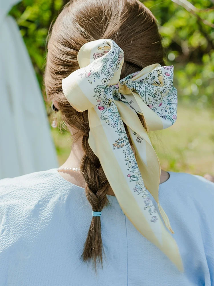 

Original Double-Sided Printed Silk Diamond Scarf Hairband Zhou Xiaodou Wild Walk Series Macaron Yellow Purple Spring Summer