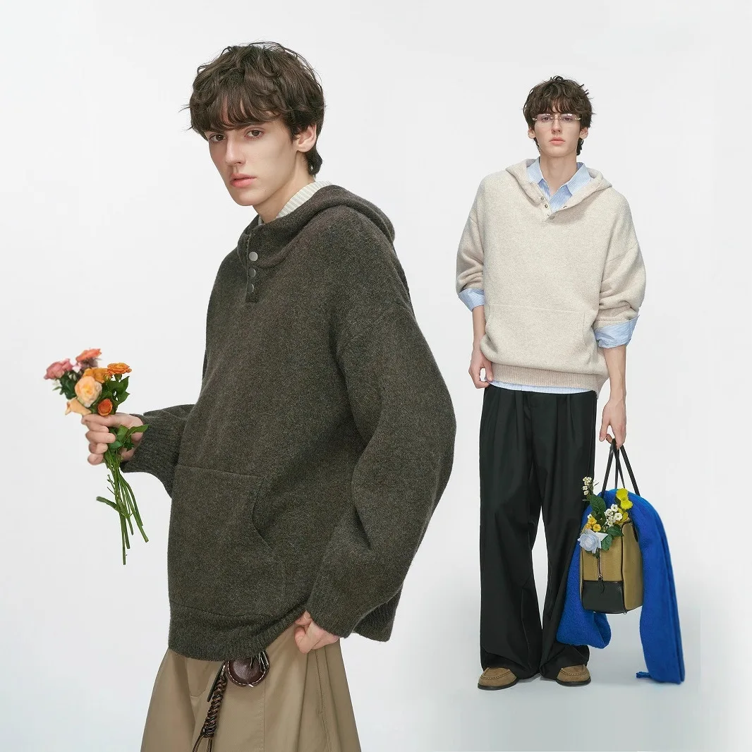 

Мужские толстовки с базовым слоем, осень-зима 2021, вязаный свитер с капюшоном в стиле ретро, унисекс, теплый трикотаж с капюшоном на пуговицах большого размера