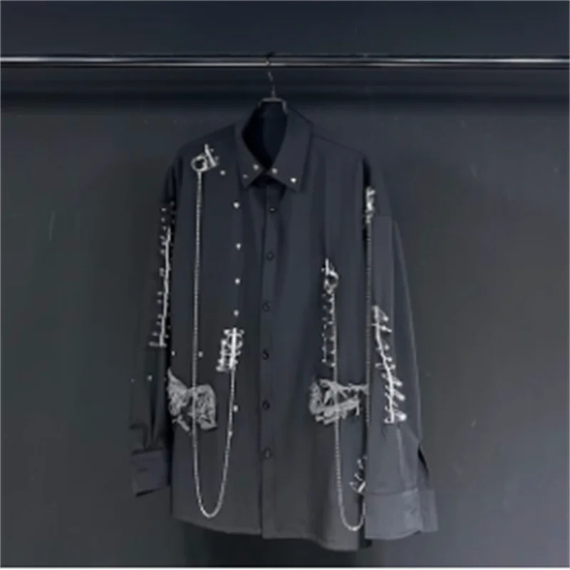 【custom】  2024 New high quality  Black pin destruction lace-up long sleeve shirt spring loose shirt top