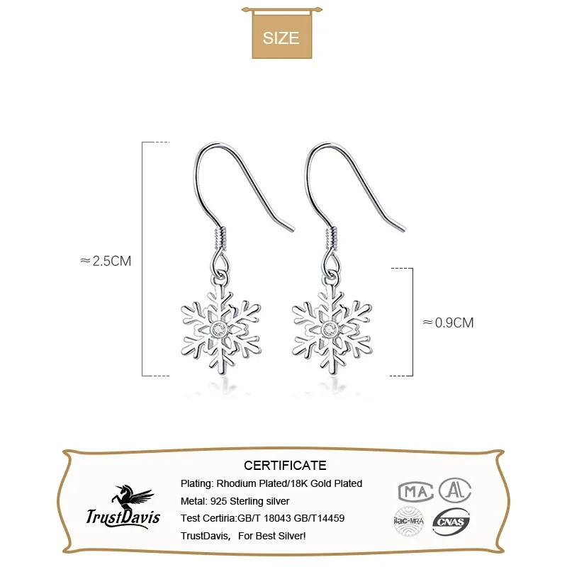 TrustDavis Real 925 Sterling Silver Earring Winter Snowflakes Charm Dangle Earrings For Women Wedding Christmas Jewelry DA01-9