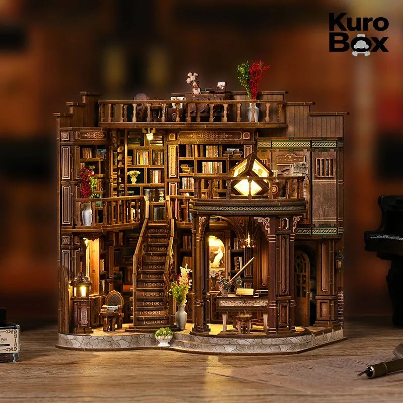 Diy Book Nook Vintage Library Handmade Assembled Miniature House With 6 Led Lights Wooden Model Home Decor Gift For Adult Hobby