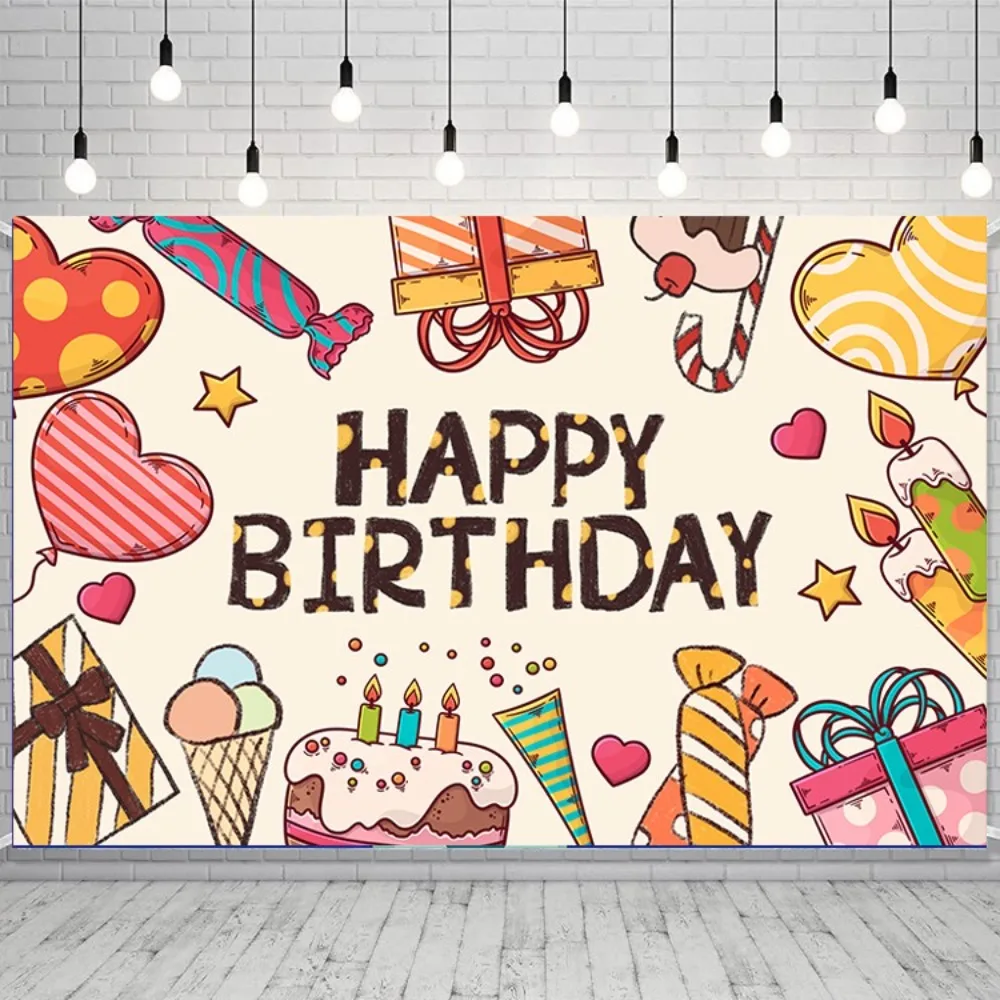 

Cute Happy Birthday Photography Backdrop Celebrate Polyester Birthday Party Background Cake Candy Gift Party Hanging Banner