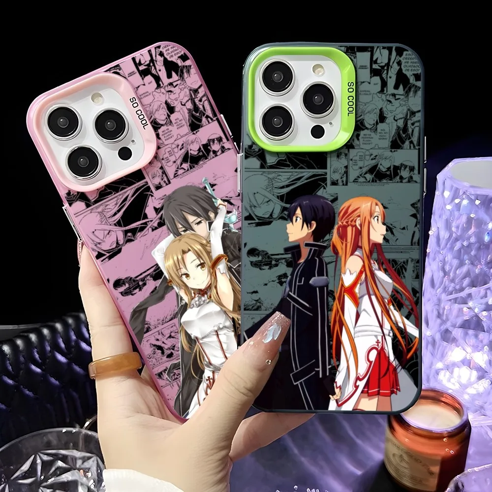 أنيمي ساو A-Asuna x Kirito جراب هاتف آيفون 16 15 14 13 12 11 برو ماكس أسود ماتي متعدد الألوان الليزر لامع أورورا غطاء