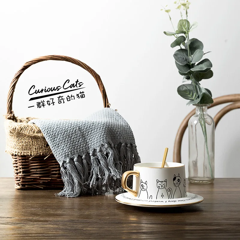 Creative Cat Coffee Cup Set Ceramic Cup With Dish Milk Water Mug Breakfast Mugs Office hand-brewed coffee cup Drinkware