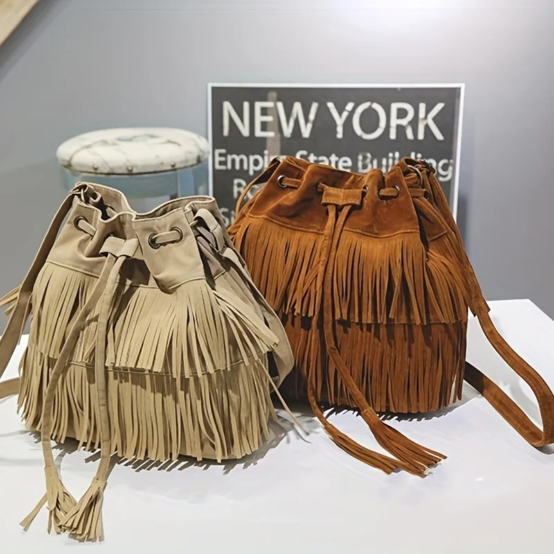 Bolso de borla esmerilada de terciopelo suave de moda para mujer con bolso cruzado de un hombro con cordón