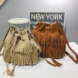 Fashion Soft Velvet Frosted Tassel Bag for Women with Drawstring Bucket One Shoulder Straddle Bag