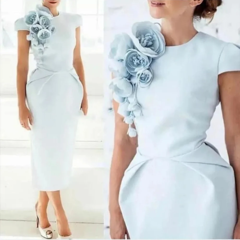 Vestido Simple de manga corta para madre de la novia, elegante vestido de fiesta de flores 3D, vestido de Noche Azul modesto, vestido de noche hasta el té