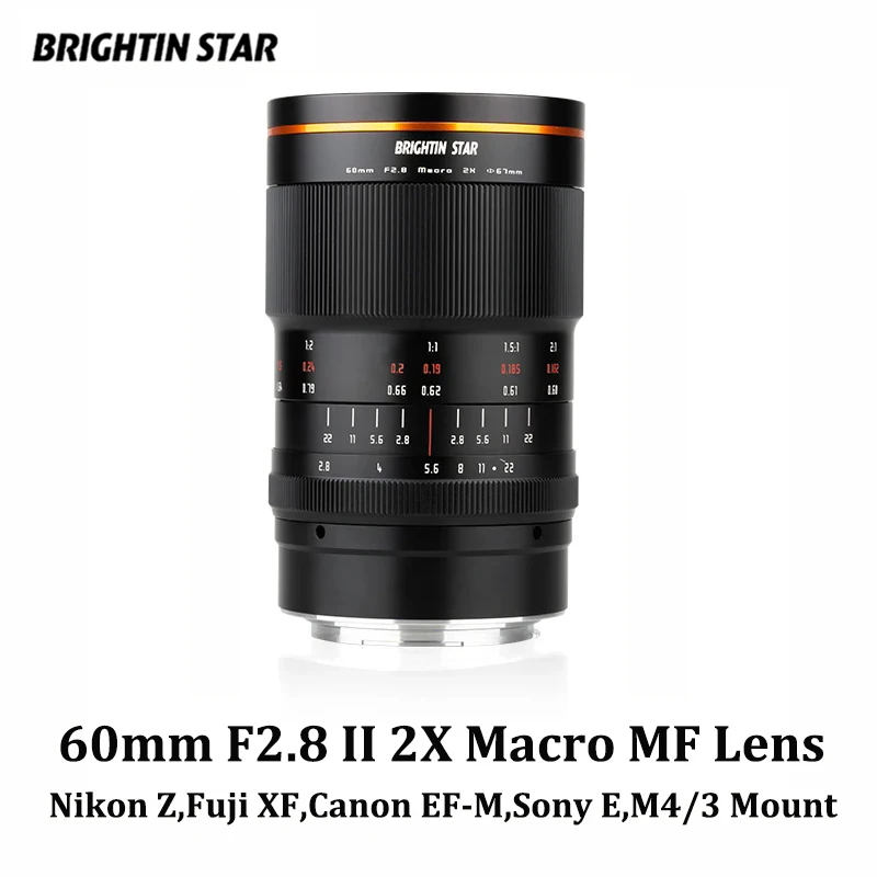 Brightin Star 60mm F2.8 II 2X Macro Magnification Manual Focus Mirrorless Camera Lens for Sony Canon Nikon Fuji M43ZV-E10 FX30