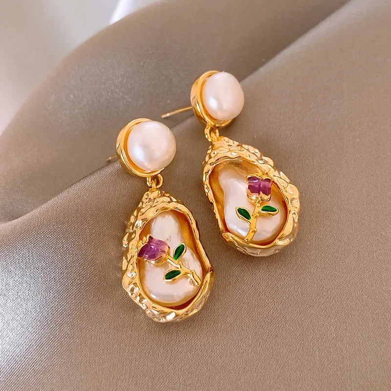 

Vintage Gold Color Pearl Flower Drop Earrings for Women 2024 New Elegant Colorful Enamel Drip Oil Temperament Earrings Jewelry