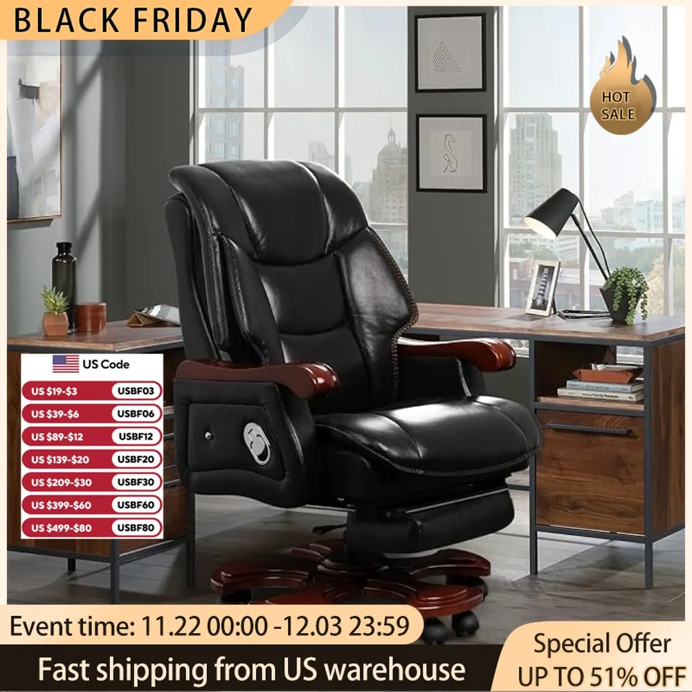 Executive Office Chair with Massage,Leather Luxury Executive Home Office Desk Chairs,Adjustable Back and Retractable Footrest