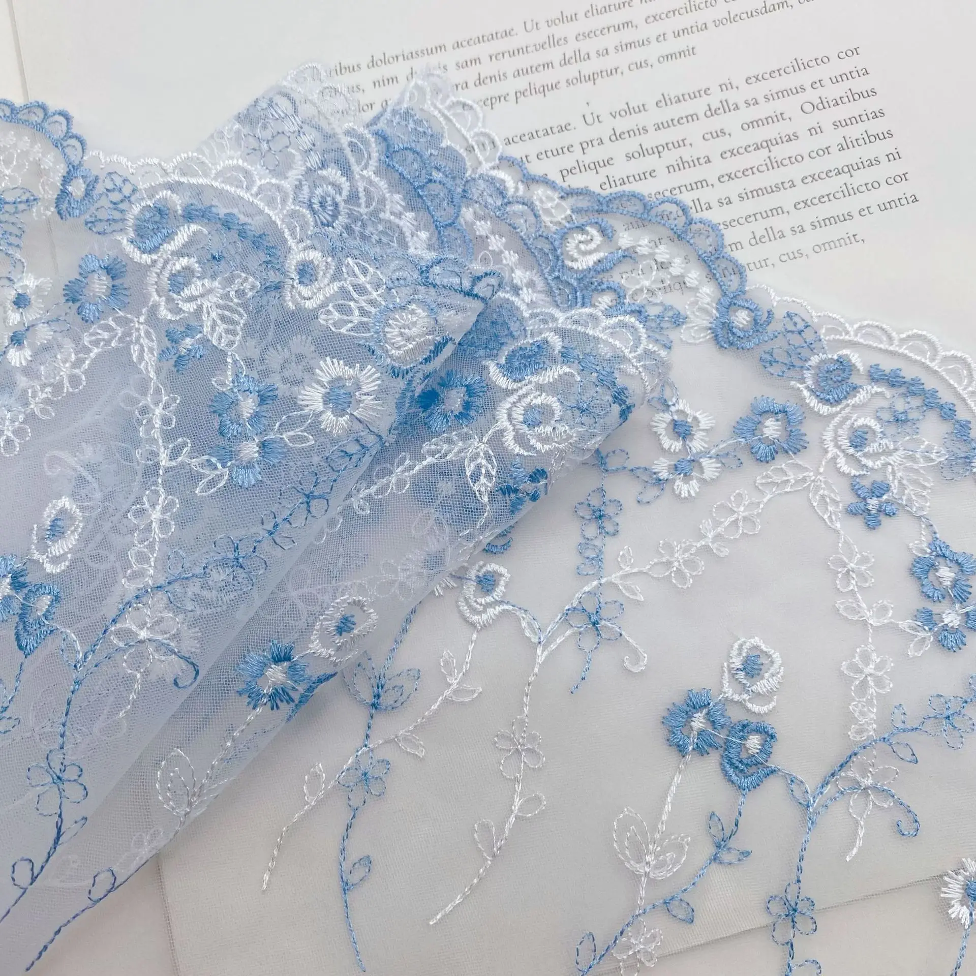 2Yards 21cm Blue Soft Mesh Embroidery Lace Trimmings Dress Accessories Lace Fabric Sewing Crafts Doll Material