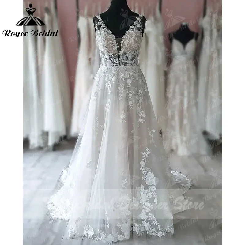

2025 Mariage Boho Tank A Line Свадебное платье Глубокий V-образный вырез Кружева Аппликация с открытой спиной Шикарные свадебные платья на заказ Vestaglia Sposa