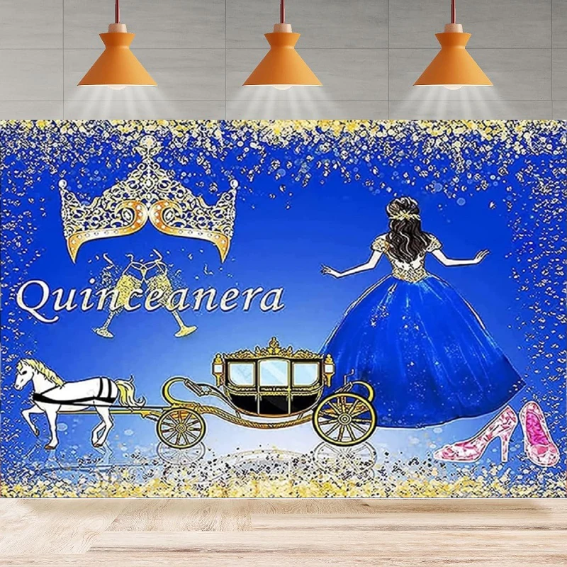 

Quinceanera Photography Background Carriage Crown Crystal Shoes Princess Blue Glitter Happy Birthday Party Backdrop Wall Banner
