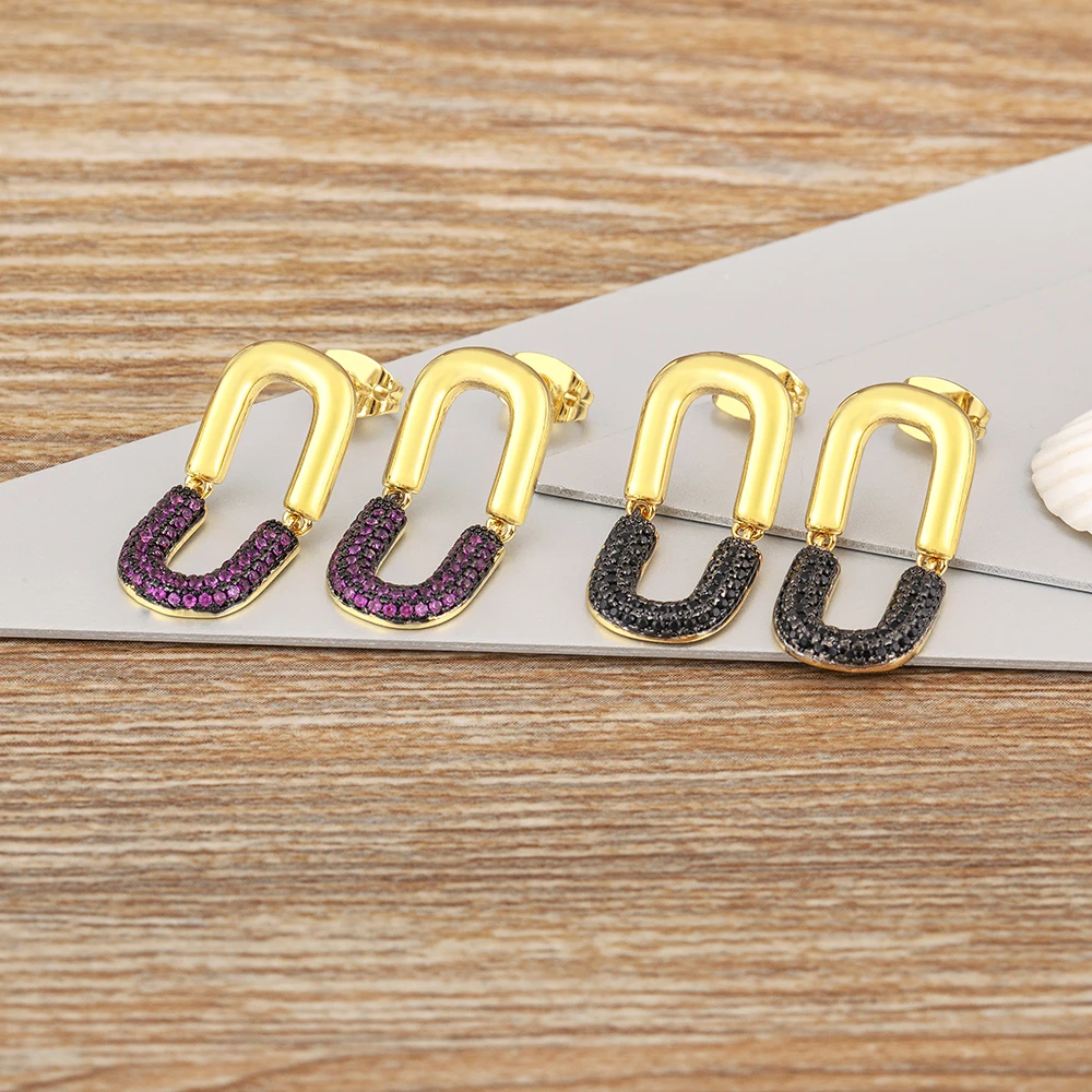 

Nidin Korean Popular New Minimalist U Shaped Geometric Hoop Earrings for Women 6 Colors Full Zircon Party Wedding Jewelry Gift