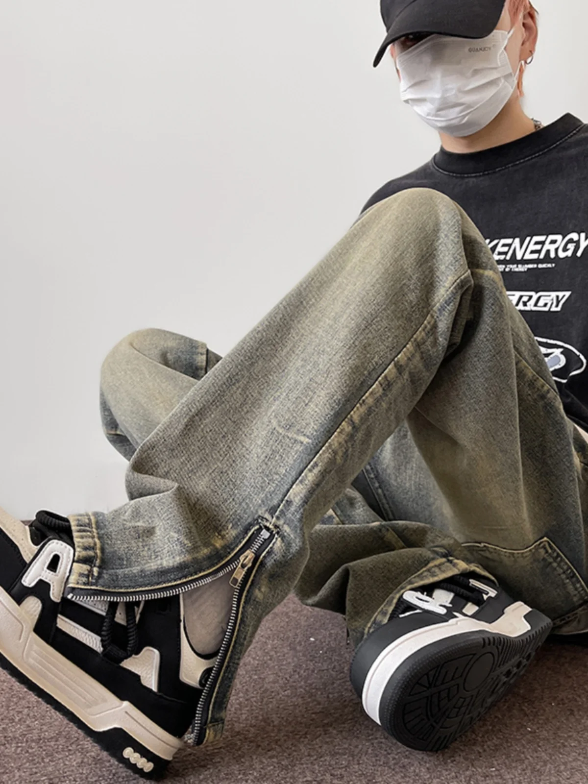 

Мужские джинсы с высокой талией и молнией, расклешенные, прямого кроя, из смесового хлопка и полиэстера, износостойкие, в современном стиле, длинные брюки