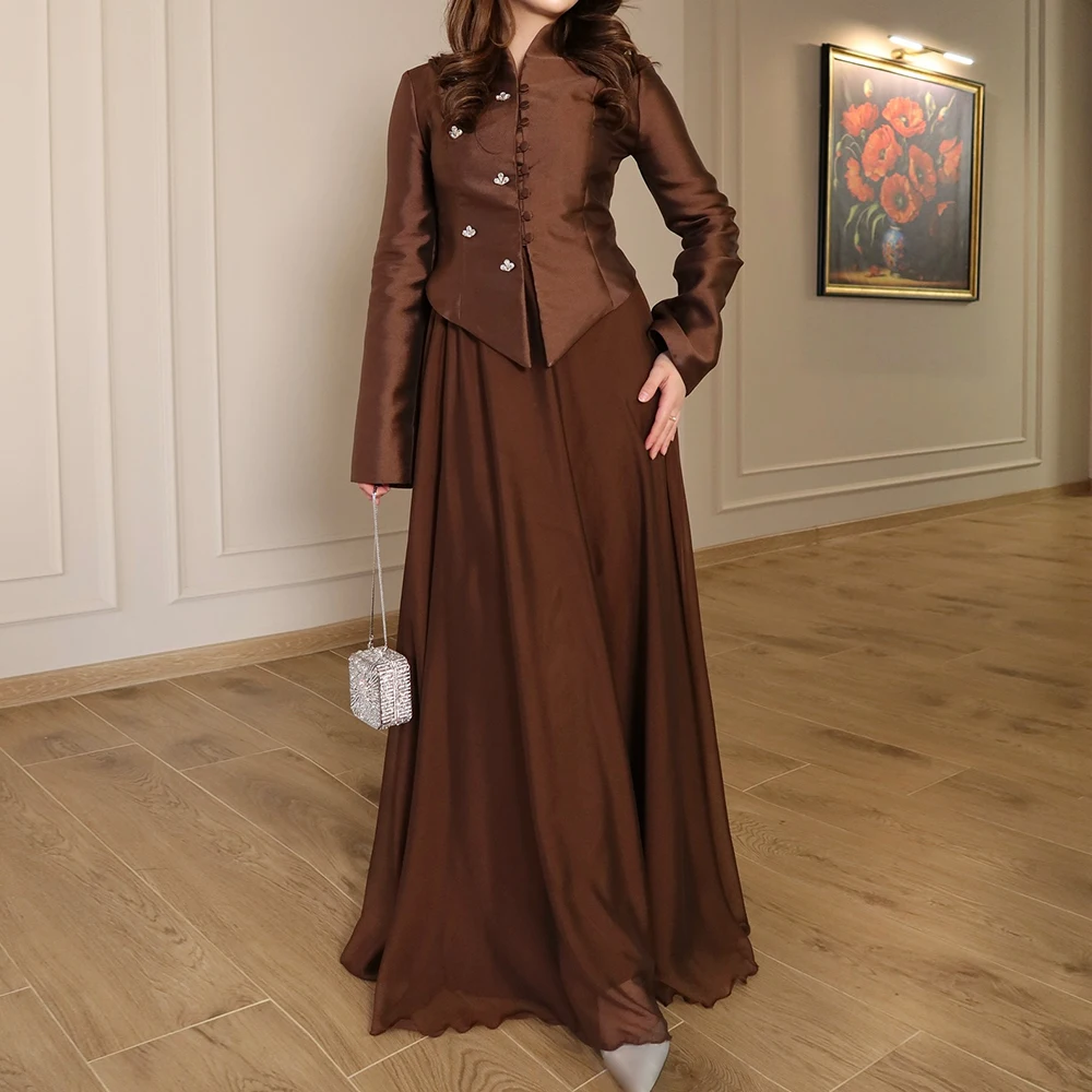 

Customized A-line Evening Dresses Floor-length High-neck Full Sleeve Prom Gown Fashion Crystal Button Simple Draped Party Gown