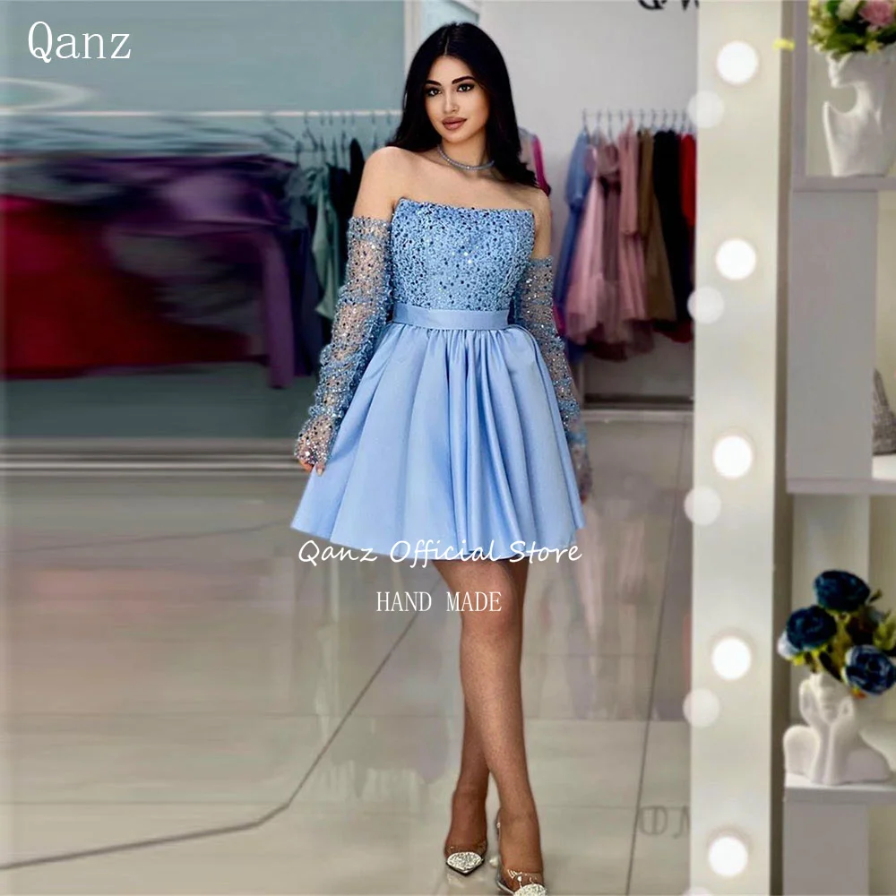 

Qanz Blue Strapless Homecoming dresses Sparkly Sequined Long Sleeves Vestidos De Festa Short A Line Birthday Dresses Customized