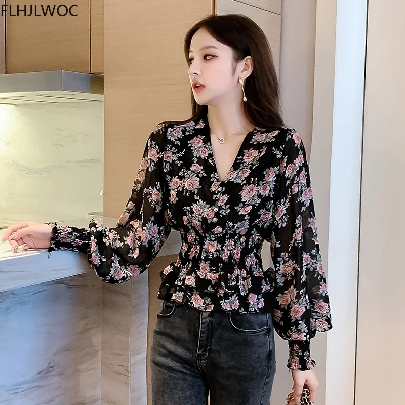 2022 Autumn Cute Tops Women Long Sleeve Korean Japanese V Neck Slim Waist Ruffled Peplum Floral Chiffon Shirts Blouse 120