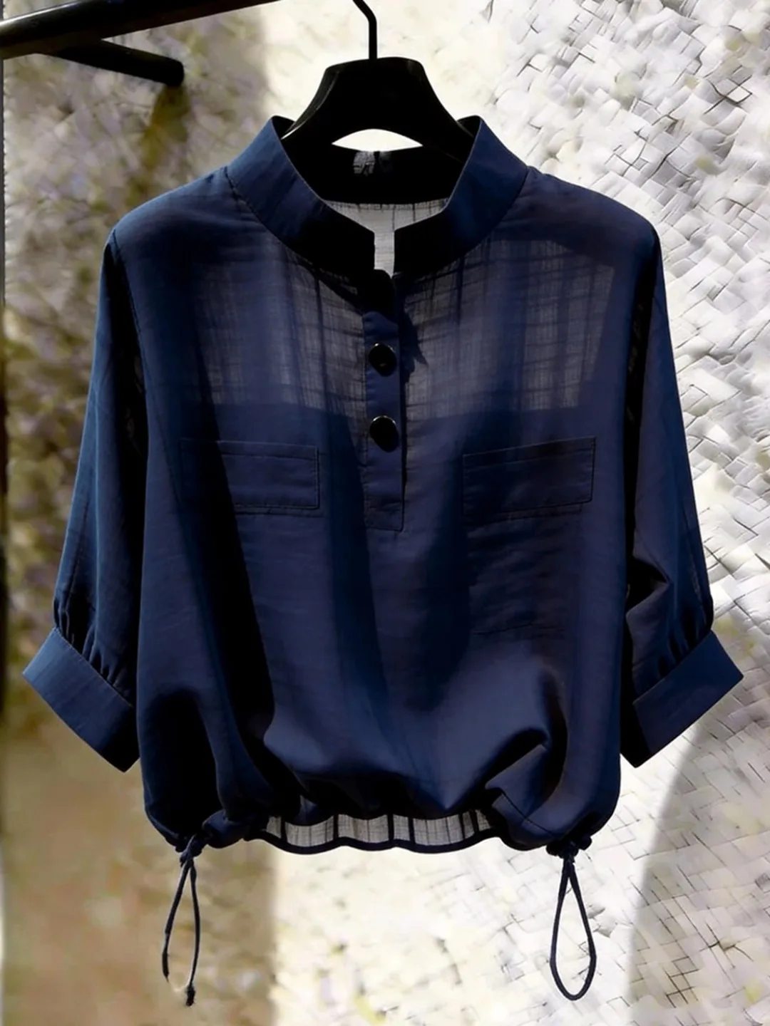 Loose Fit Casual Style Short Sleeve Shirt Stand Collar Drawstring Women's Blue Casual Shirt Summer 2026 Fashion Trend