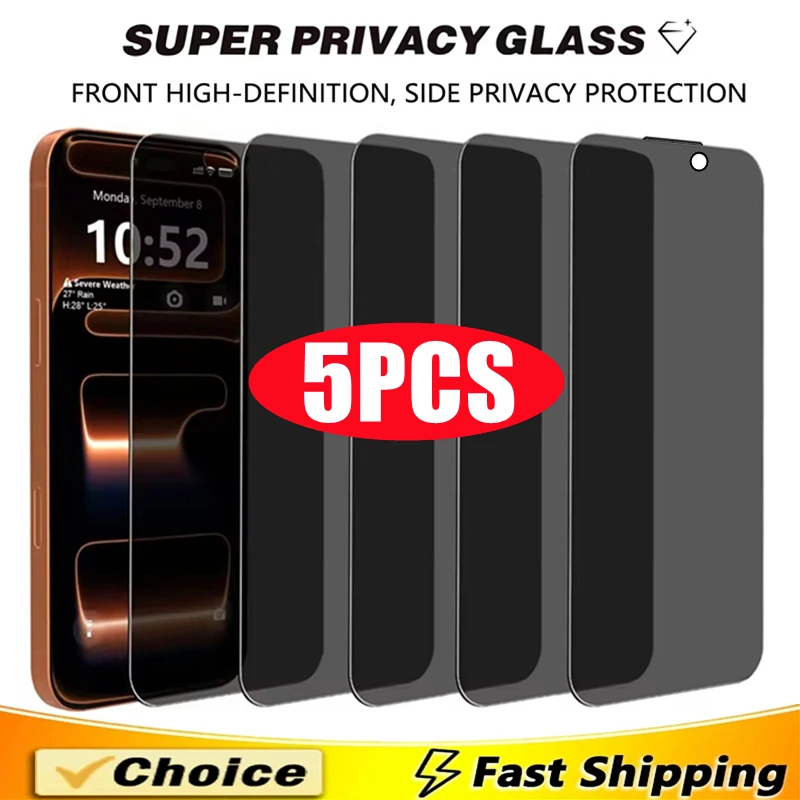

5Pcs Full Cover Privacy Screen Protector For iPhone 17 11 12 13 14 15 16 Pro Max Plus XR X XS MAX Dust Proof Anti-spy Glass Film
