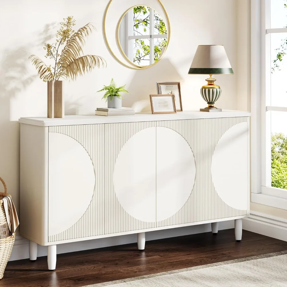 Buffet Cabinet Sideboard with Storage, 59.4-Inch White Storage Cabinet Modern Sideboard Buffet Table with Doors