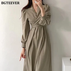 BGTEEVER Chic Elegant Notched Collar Women A-line Dress Full Sleeve Slim Waist Ladies Solid Dress Spring Midi Vestidos