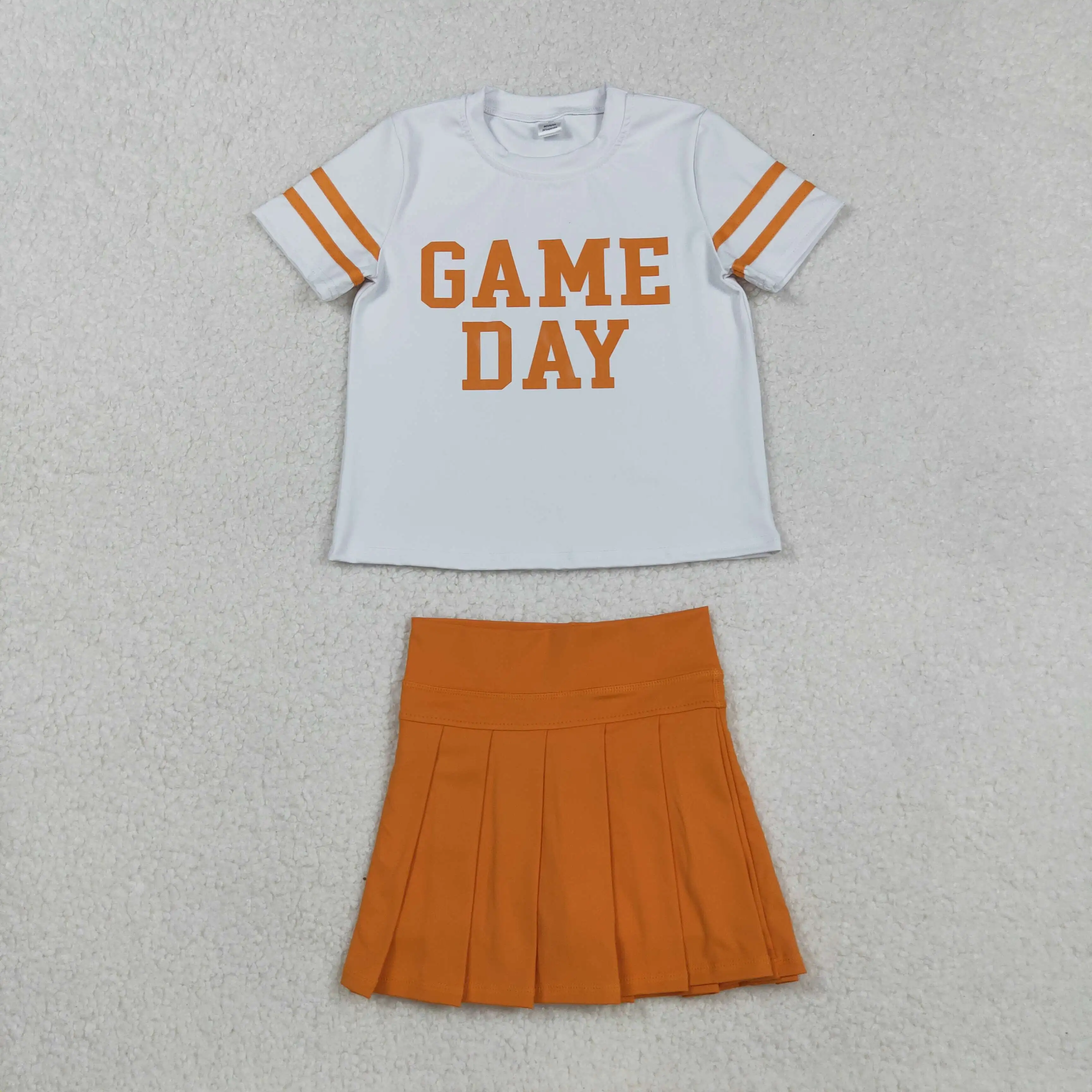 

Baby Girls Orange Short Sleeve Game Day Shirt Top with Pleated Skirt Yoga Set Team Sportswear for Kids