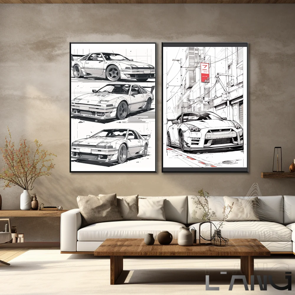 Car sketch style black and white poster canvas painter wall living room study bedroom decoration painting can be customized size