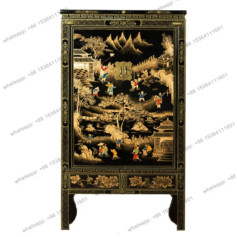 PG new Chinese painted gold-painted wardrobe antique hand-painted old bedroom storage casement retro solid wood clothing cabinet